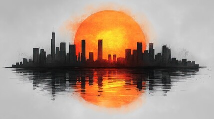 Fototapeta premium Cityscape Silhouette Reflected in Water at Sunset