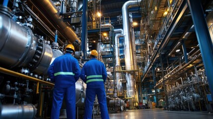 Engineering team inspecting machinery at an industrial plant, ensuring operational efficiency.