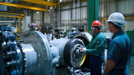 Fototapeta premium Engineering team inspecting machinery at an industrial plant, ensuring operational efficiency.