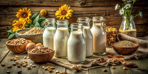 Vintage Style Photography of Plant Based Milk and Seeds in Rustic Setting, Featuring Almonds, Oats, and Sunflower Seeds with Natural Decor and Earthy Tones for Healthy Lifestyle Promotion