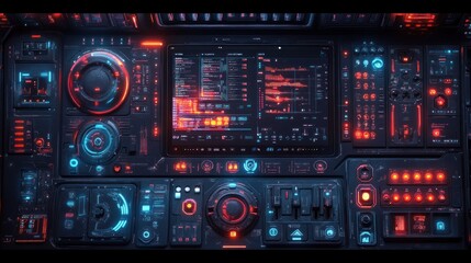 Obraz premium Futuristic control panel with glowing interfaces and buttons.
