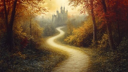 Obraz premium White road through a forest path leading to a distant castle
