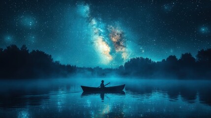Naklejka premium A serene night scene with a person in a boat under a starry sky.