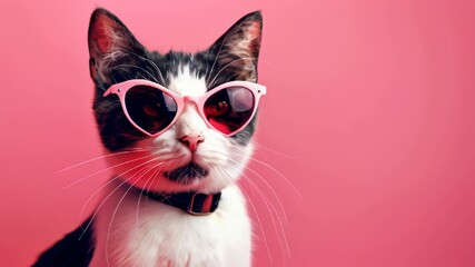 A playful cat wearing stylish pink sunglasses poses against a vibrant pink background