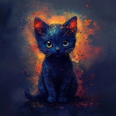 A cute black kitten sits in front of a colorful, abstract background.