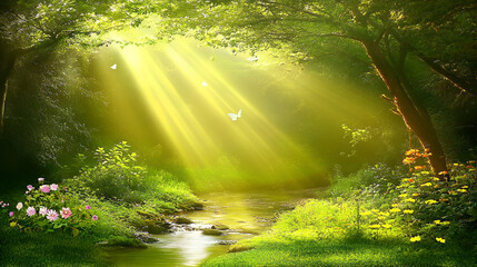 Obraz premium Serene stream in lush greenery with sunlight