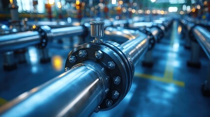 Fototapeta premium Industrial pipes with flanges in a factory setting.