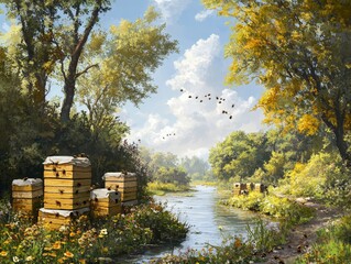 A group of beehives placed near a riverbank, with bees pollinating the surrounding wildflowers and trees.