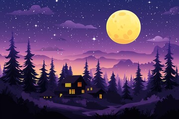 Fototapeta premium A full moon shines brightly over a small cabin nestled in a forest, with mountains in the distance.