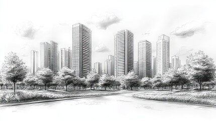 A Hand-Drawn Sketch of a Cityscape with Tall Buildings and Trees
