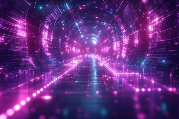 Obraz premium A futuristic digital tunnel glowing with pink and blue neon lights.