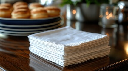 A stack of napkins beside a plate of pastries on a dining table.