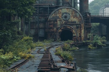 A long-abandoned factory by the river, with rusting machinery and overgrown pathways leading to the structure.