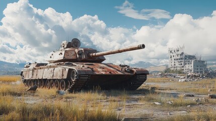 A long-abandoned military outpost, with rusting tanks and crumbling buildings lost to time.