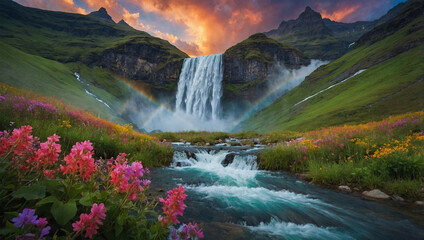 A fantasy view of a waterfall flowing from high mountains with the bright color of the evening sky, wild flowers blooming all around. The sunlight creates a rainbow effect on the water spray, adding t