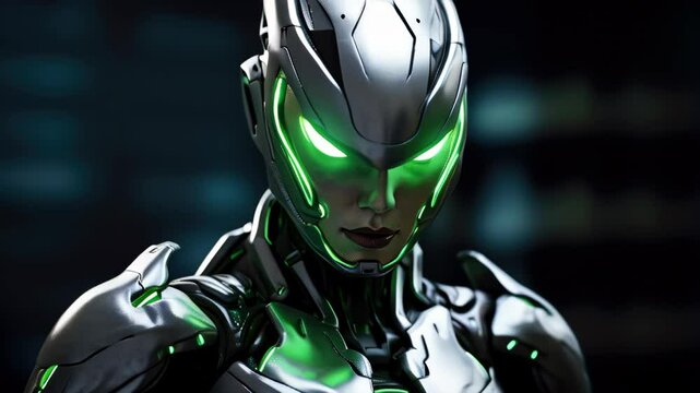 A futuristic armored character showcases sleek design and glowing features in a high-tech environment at night