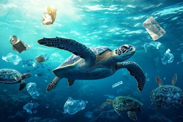 Naklejka premium A marine conservation team working to reduce plastic pollution in the ocean to protect species like whales and sea turtles.