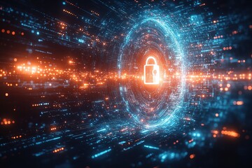 A glowing padlock icon surrounded by swirling digital data.