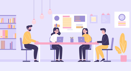 Flat Design Illustration of Teamwork Business Meeting at office with Infographic on Screen