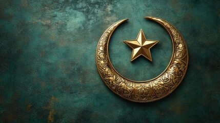 Fototapeta premium Ornate Golden Crescent Moon and Star on Teal Background