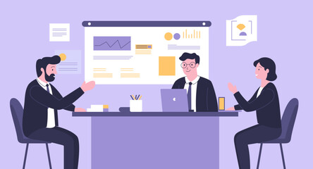 Flat Design Illustration of Teamwork Business Meeting at office with Infographic on Screen