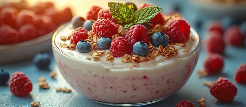 A vibrant, healthy yogurt bowl with fresh berries and granola, ideal for promoting World Vegan Month, healthy eating, or nutritious breakfast concepts.