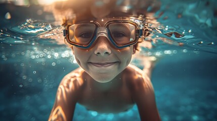 Fototapeta premium A child wearing swim goggles and swimming underwater