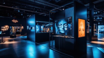 Modern exhibition booth with a modular design, dark background, and interactive features, offering a stylish and immersive brand experience.