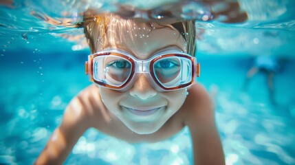 Naklejka premium A child wearing swim goggles and swimming underwater