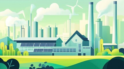 Obraz premium Modern industrial plant with sustainable practices, featuring renewable energy sources and minimal emissions.