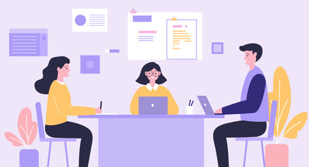 Flat Design Illustration of Teamwork Business Meeting at office with Infographic on Screen