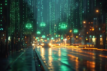 A rainy city street at night with glowing green car icons and a blurred city background.