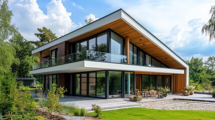 A modern eco-friendly house designed with geothermal heating, using renewable energy and sustainable construction materials.