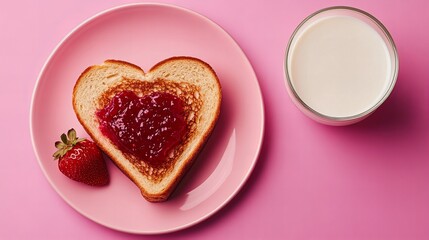Heart-shaped toast with jam and a glass of milk for a sweet and romantic breakfast.