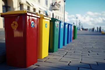 yellow  green  blue and red recycling bins in public places