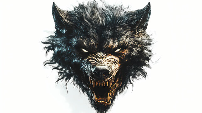 Werewolf mask with intricate fur details and menacing snout laid flat against a pure white background. Shapeshifter. Illustration