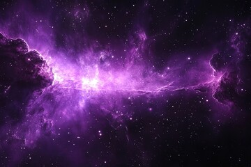 Fototapeta premium A vibrant purple nebula with glowing gas and dust clouds fills the dark space, surrounded by a scattering of stars.