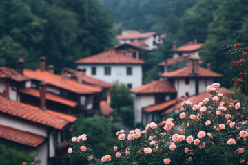 Quaint European Village with Blooming Pink Roses in Foreground and Lush Green Forest