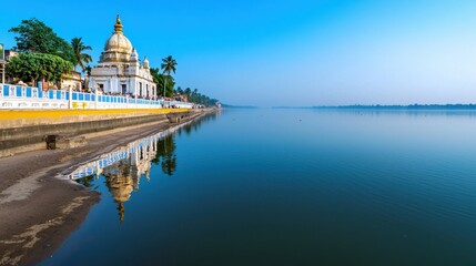 Fototapeta premium Serene Lakeside Temple with Reflection in Clear Water