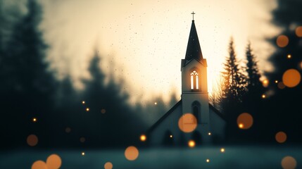 Fototapeta premium Serene Church Tower at Sunset with Magical Lights