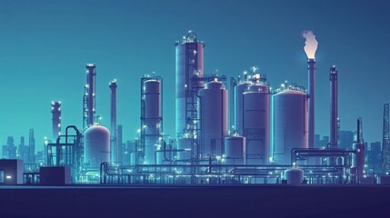 Oil refinery industrial plant with massive storage tanks and a network of pipelines.