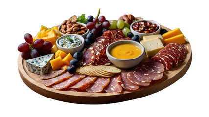 Cold cuts charcuterie board appetizer. Meat plate close up. Mediterranean snack with jamon, ham, longaniza, olives, tomatoes