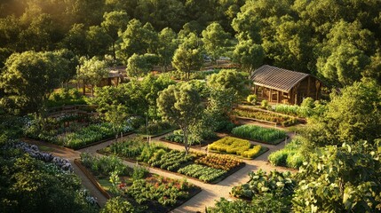 A permaculture-inspired organic farm, with a mix of fruit trees, vegetables, and flowers growing together in harmony.