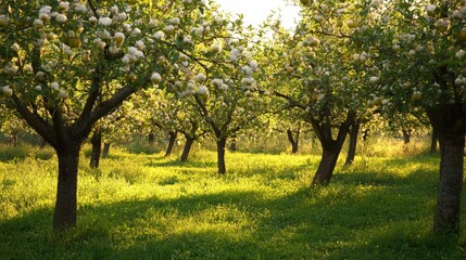 Fototapeta premium A picturesque organic orchard, with fruit trees blooming under natural conditions without chemical intervention.