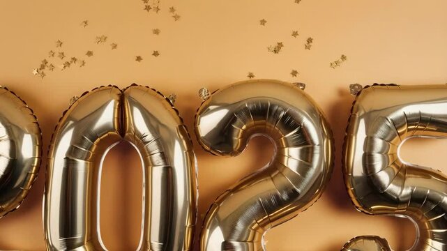Golden balloons spelling "2025" on an orange background, celebrating New Year's or an event.