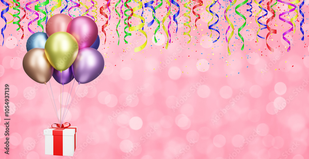 Poster flying gift box with multicolored balloons on blurred pink or red background with curly ribbon. Empty space for text. 3d rendering