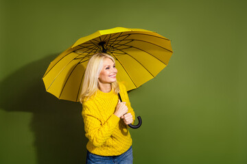 Photo of adorable cute lady wear trendy yellow clothes hold parasol empty space isolated on green...