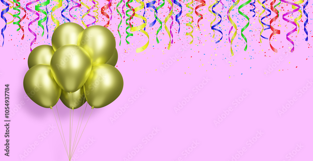 Aufkleber Bunch of golden or yellow balloons on red or pink background with confetti. Empty space for text. 3d rendering