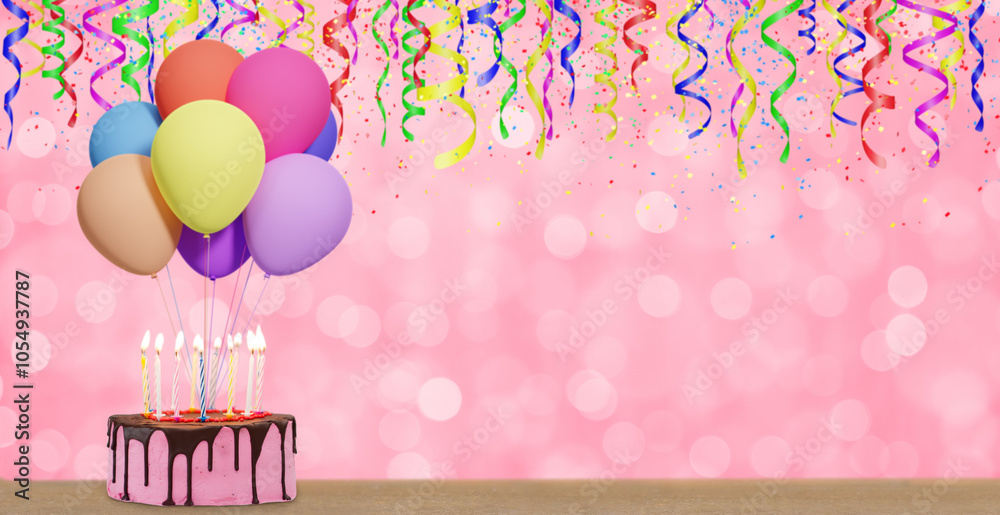Poster Birthday cake with bunch of colorful balloons on blurred pink or red blurred background. Empty space for text. 3d rendering