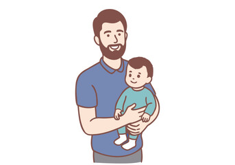 A father raises his baby by holding him. Hand drawn style vector design illustrations.